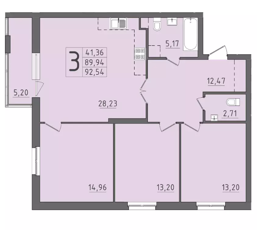 3-к квартира, 92.54 м - Фото 0