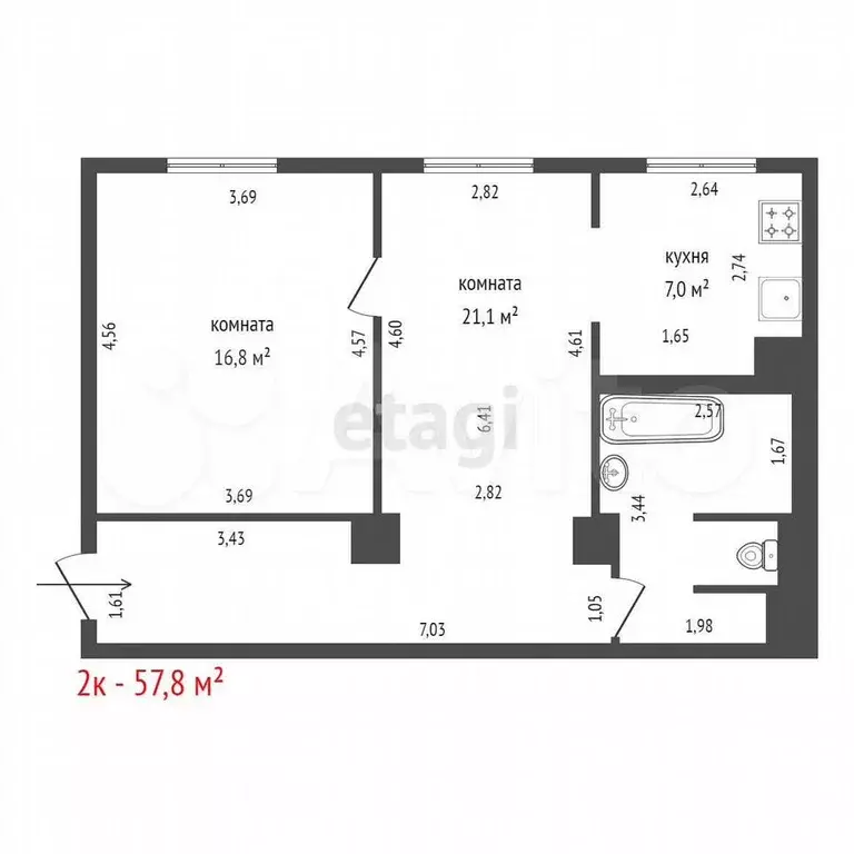 2-к. квартира, 57,8 м, 1/5 эт. - Фото 0