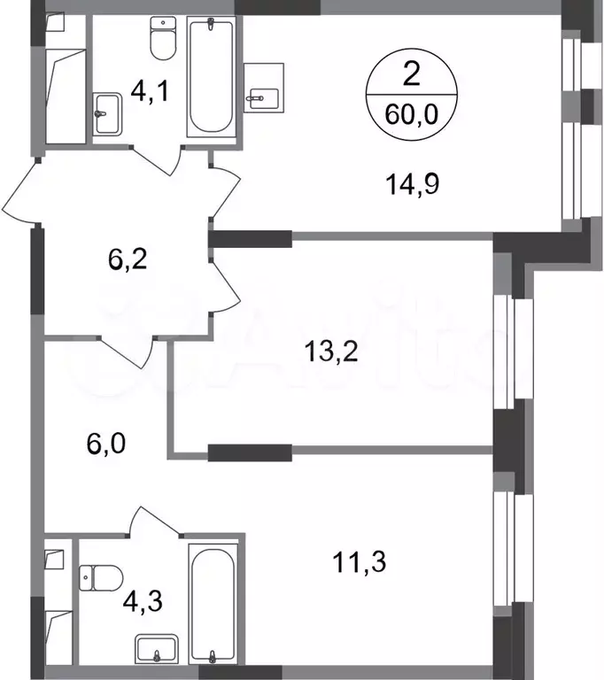 2-к. квартира, 60 м, 6/20 эт. - Фото 0