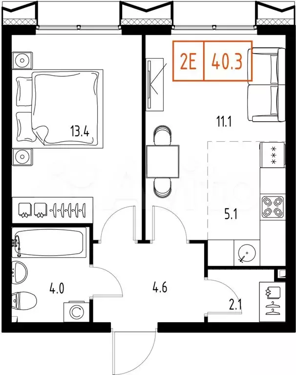 1-к. квартира, 40,3 м, 6/9 эт. - Фото 1