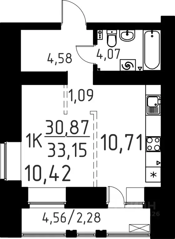 1-к кв. Томская область, Томск ул. Вершинина, 58к1 (33.15 м) - Фото 0