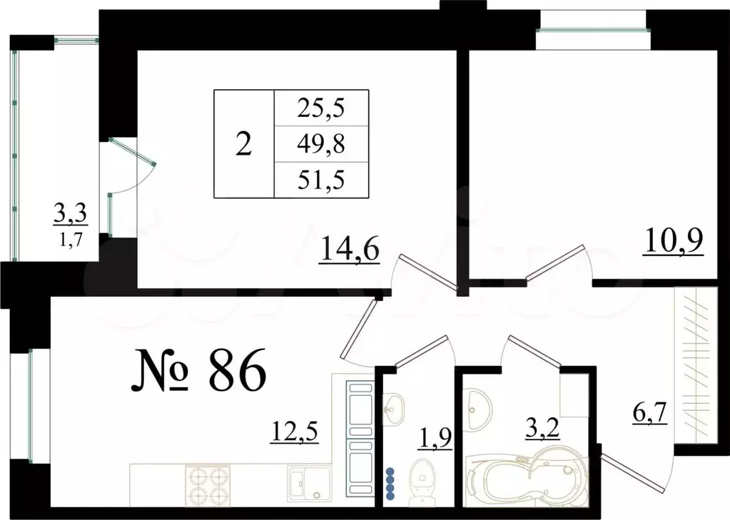 2-к. квартира, 51,5 м, 2/8 эт. - Фото 0