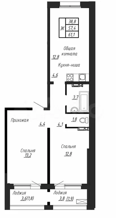 2-к. квартира, 61,1 м, 2/17 эт. - Фото 0