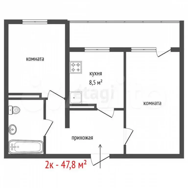 2-к. квартира, 47,8 м, 4/12 эт. - Фото 0