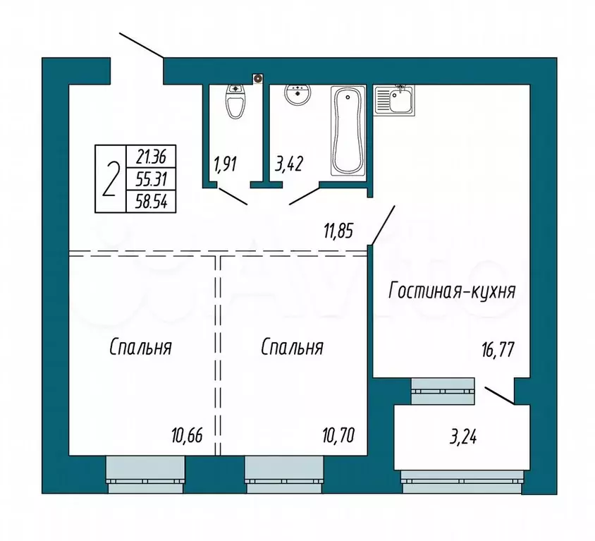 2-к. квартира, 58,8 м, 4/9 эт. - Фото 0
