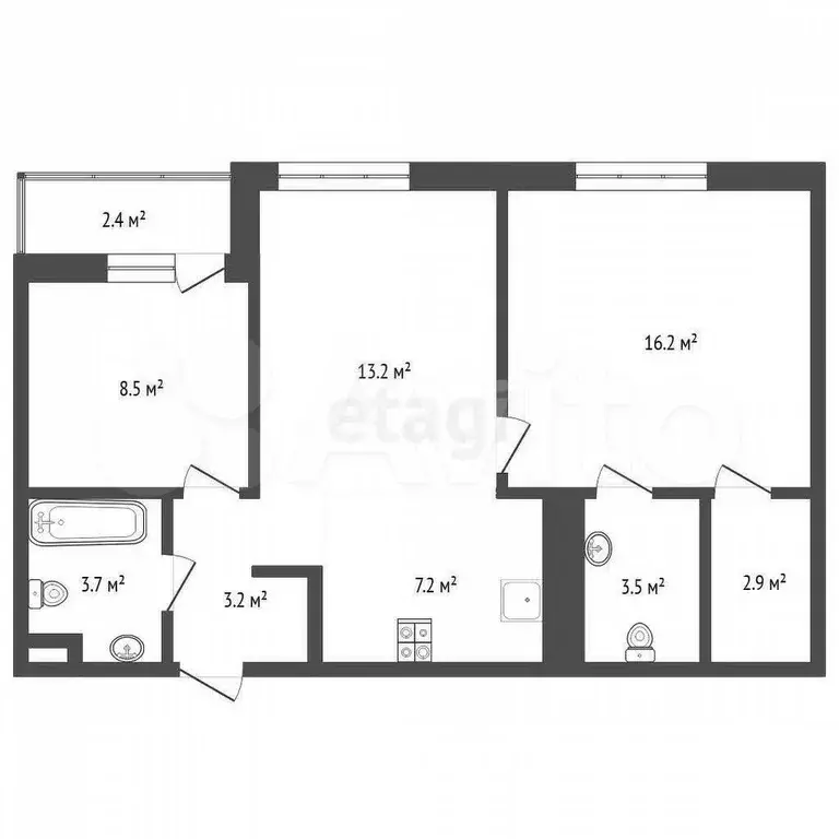 2-к. квартира, 59,4 м, 5/10 эт. - Фото 0