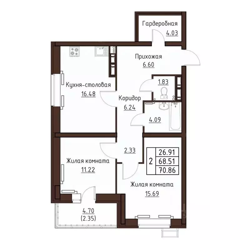 2-к кв. Орловская область, Орел ул. Левый Берег реки Оки, 21к1 (70.86 ... - Фото 1