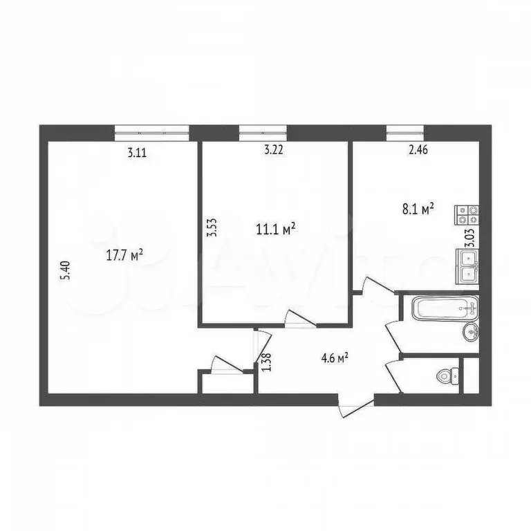 2-к. квартира, 44,5 м, 1/9 эт. - Фото 0