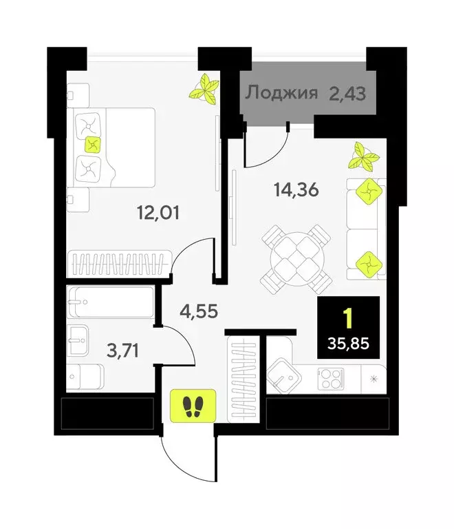 1-комнатная квартира: Тюмень, улица Андрея Приказнова, 1 (33.7 м) - Фото 1