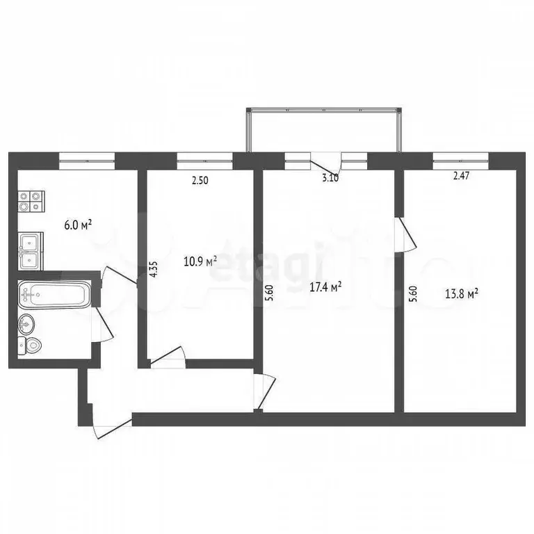 3-к. квартира, 56,4 м, 5/5 эт. - Фото 0