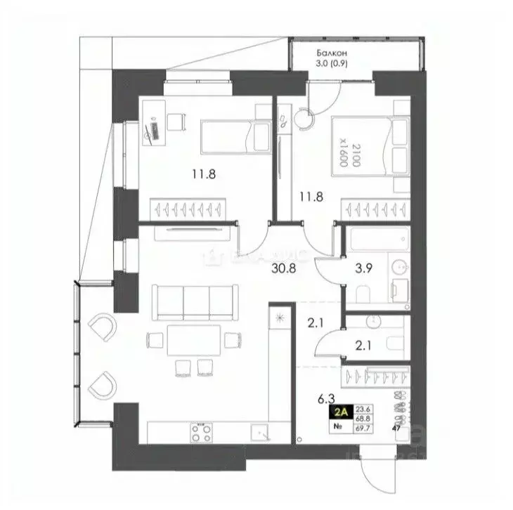2-к кв. Вологодская область, Вологда ул. Спирина, 6 (69.7 м) - Фото 0