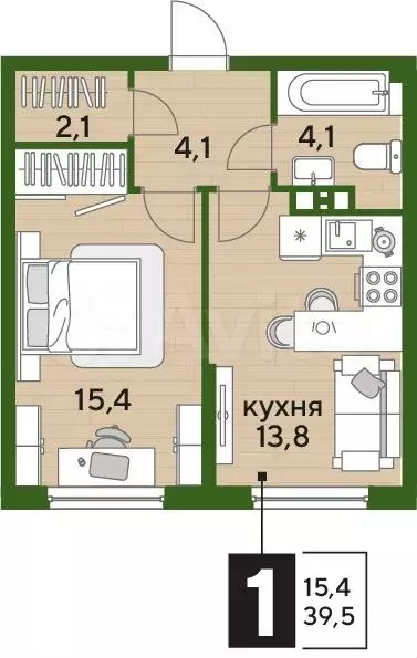 1-к. квартира, 39,5м, 4/16эт. - Фото 1