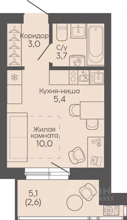 Студия Волгоградская область, Волгоград Трехгорная ул., 27 (24.7 м) - Фото 1