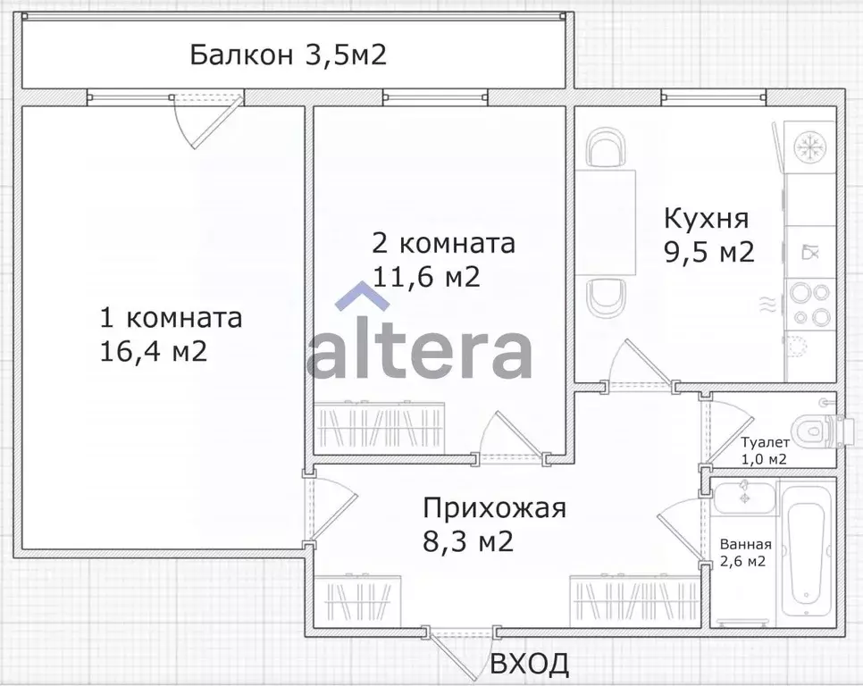 2-к кв. Татарстан, Казань ул. Комиссара Габишева, 11 (50.2 м) - Фото 2