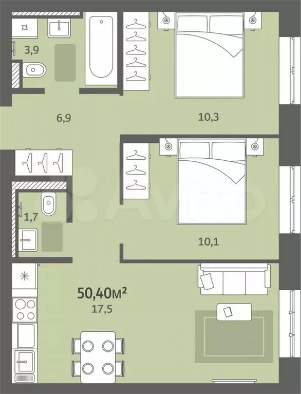 2-к. квартира, 50,4 м, 5/8 эт. - Фото 0
