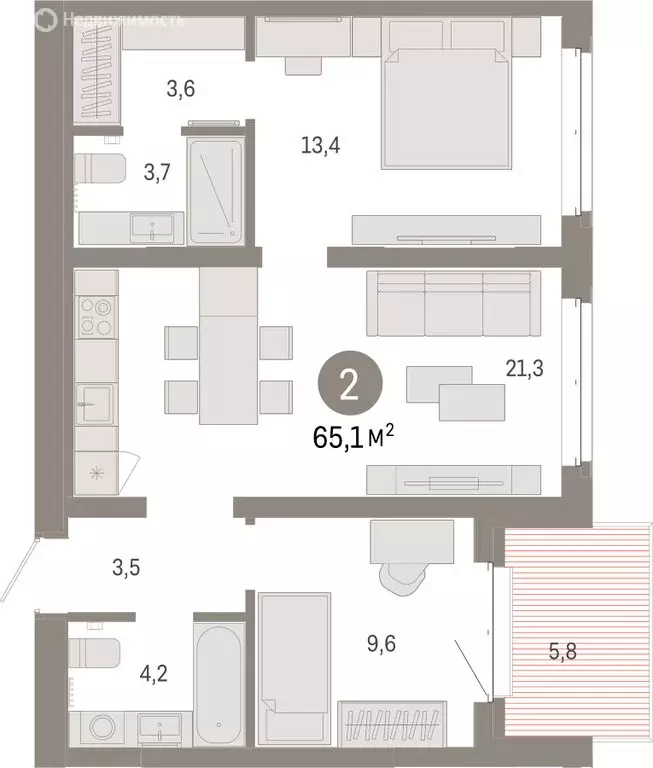 2-комнатная квартира: Тюмень, жилой комплекс На Минской (65.09 м) - Фото 1