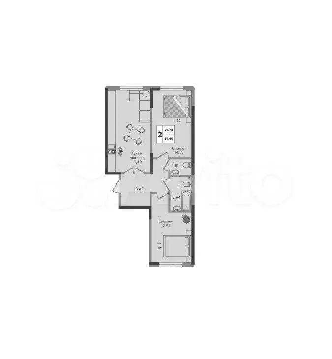 2-к. квартира, 61,4 м, 5/9 эт. - Фото 0