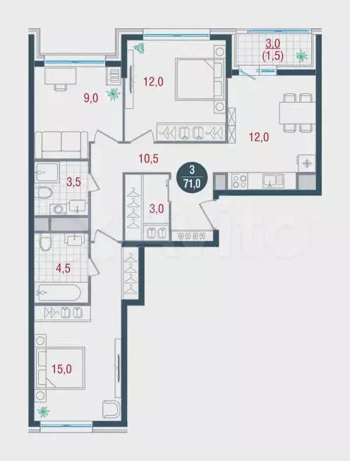 3-к. квартира, 71 м, 25/26 эт. - Фото 0
