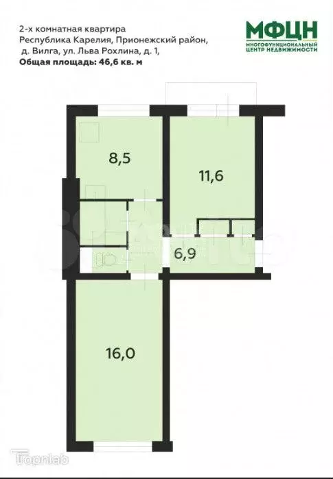 2-к. квартира, 46,6 м, 4/5 эт. - Фото 0
