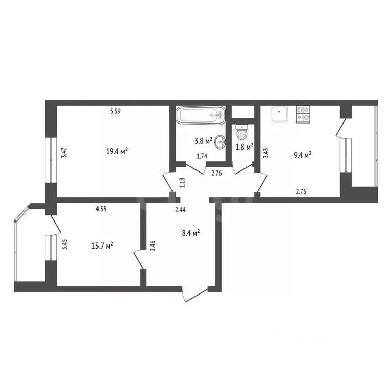 2-к кв. Тюменская область, Тюмень Новосибирская ул., 129 (61.8 м) - Фото 1