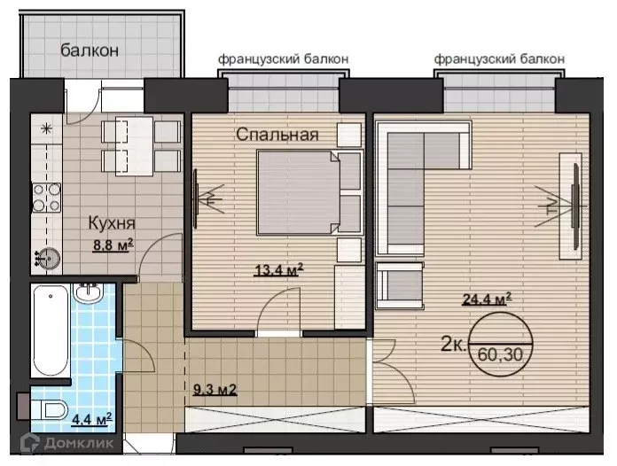 Продаётся 2-к квартира, 60.3 м - Фото 0