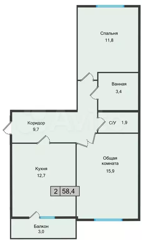 2-к. квартира, 58,4 м, 4/5 эт. - Фото 0