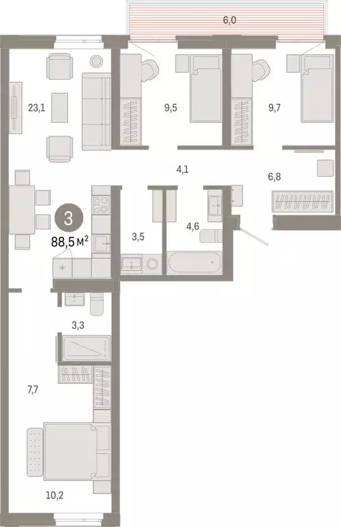 3-комнатная квартира: Тюмень, улица Республики, 205к3 (88.47 м) - Фото 2