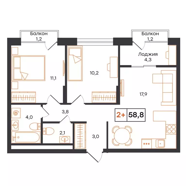 2-комнатная квартира: Тюмень, ЖК UNO (58.8 м) - Фото 1