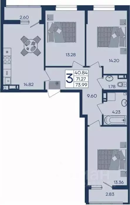 3-к кв. Краснодарский край, Краснодар  (73.99 м) - Фото 1