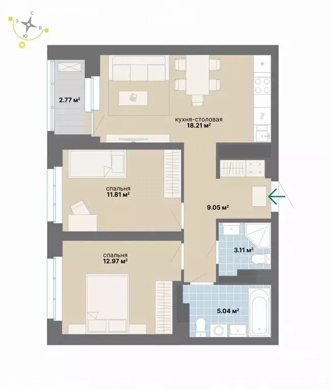 2-комнатная квартира: Екатеринбург, Студенческая улица, 16 (62.96 м) - Фото 1