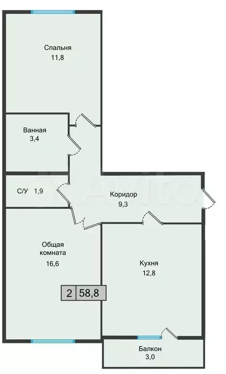 2-к. квартира, 58,8 м, 3/5 эт. - Фото 0