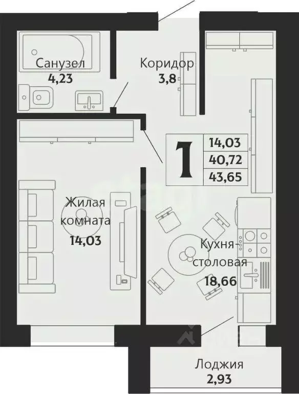 1-к кв. Калининградская область, Калининград Закатная ул., 31к1 (45.0 ... - Фото 1
