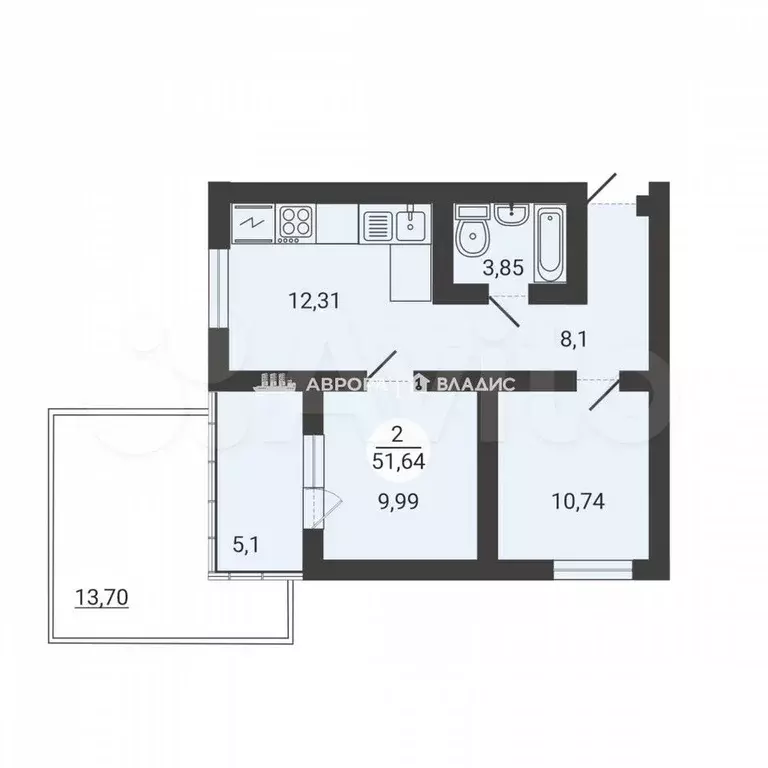 2-к. квартира, 51,6 м, 3/3 эт. - Фото 0