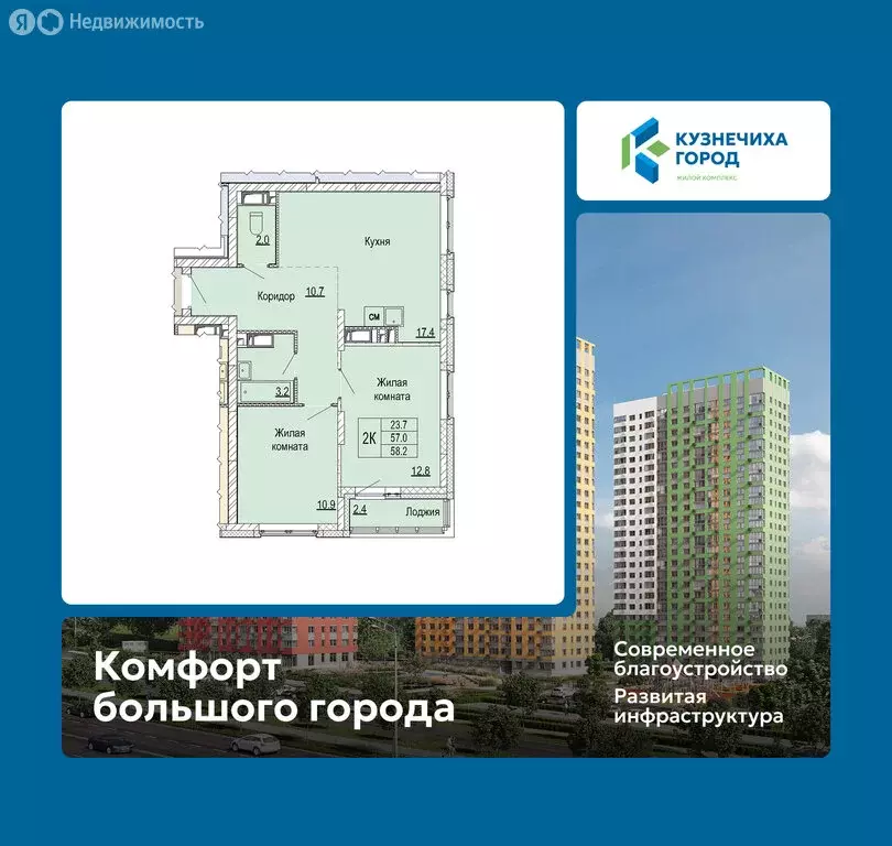 2-комнатная квартира: Нижний Новгород, ЖК Кузнечиха Город (58.2 м) - Фото 1