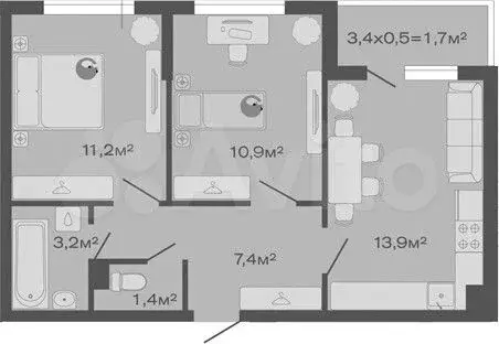 2-к. квартира, 49,7 м, 3/4 эт. - Фото 1