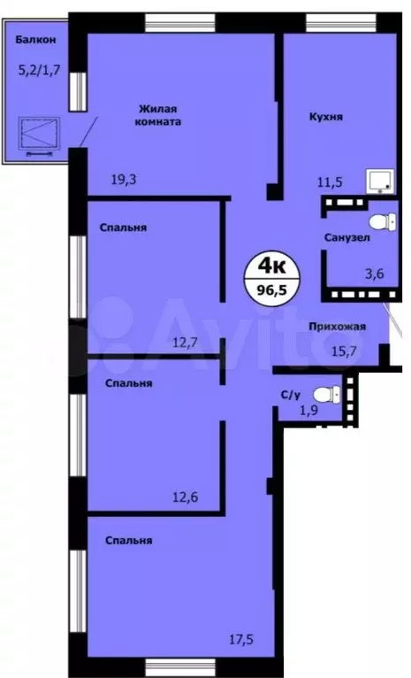 4-к. квартира, 94,4 м, 3/19 эт. - Фото 0