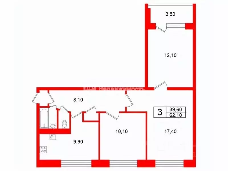 3-к кв. Санкт-Петербург ул. Белышева, 4К (62.1 м) - Фото 2