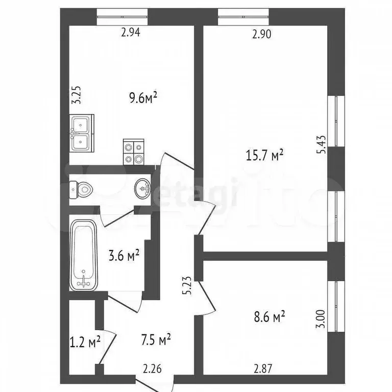 2-к. квартира, 47,7 м, 2/2 эт. - Фото 0