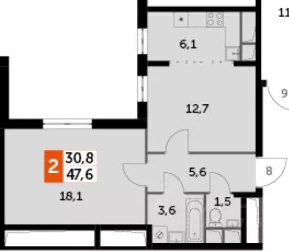 Квартира, 2 комнаты, 47.6 м - Фото 0