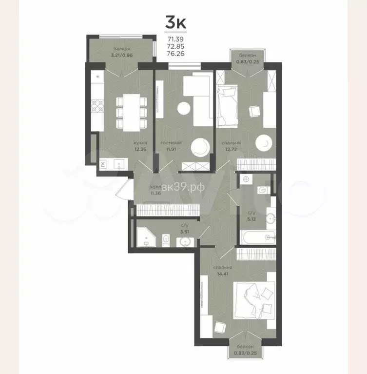 3-к. квартира, 72,9 м, 4/4 эт. - Фото 1