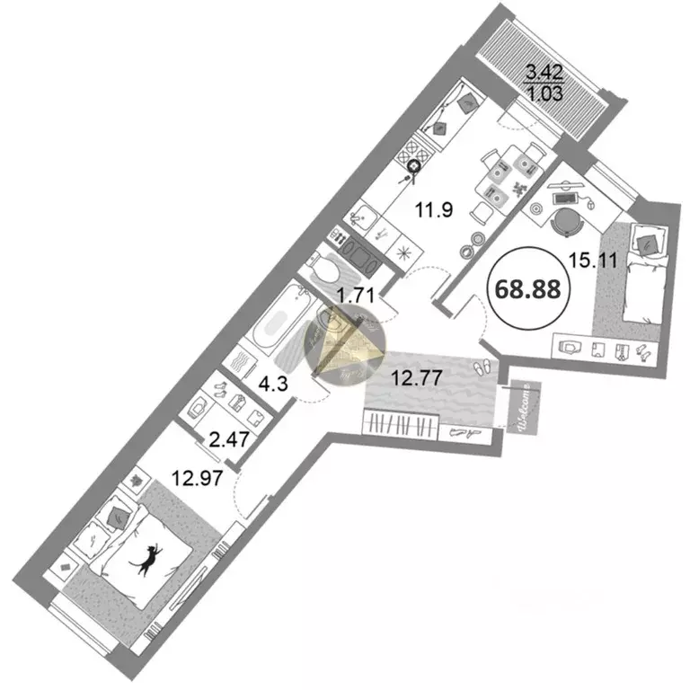2-к кв. Санкт-Петербург просп. Авиаконструкторов, 54 (68.88 м) - Фото 2