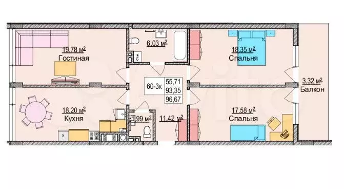 3-к. квартира, 95,6 м, 3/6 эт. - Фото 0