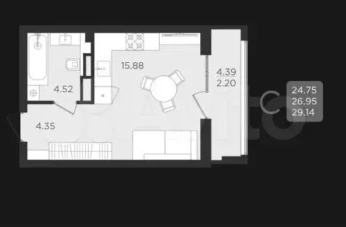Квартира-студия, 29,1 м, 3/9 эт. - Фото 1