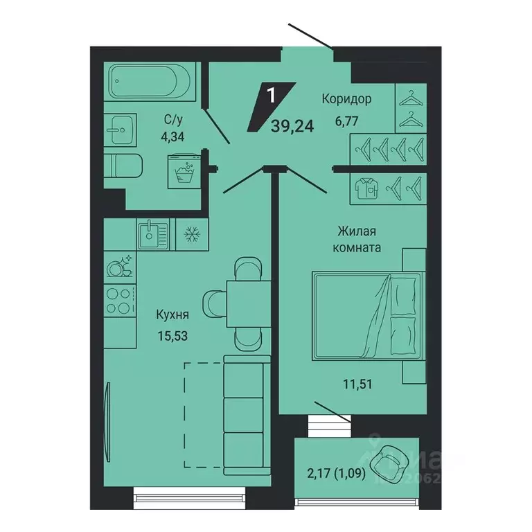 1-к кв. Свердловская область, Екатеринбург пер. Ученический, 4 (39.24 ... - Фото 1