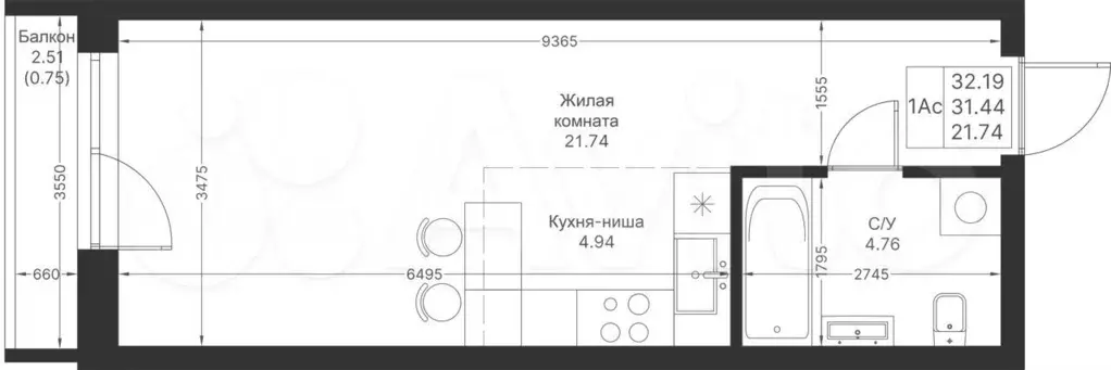 Квартира-студия, 32,2 м, 2/24 эт. - Фото 1