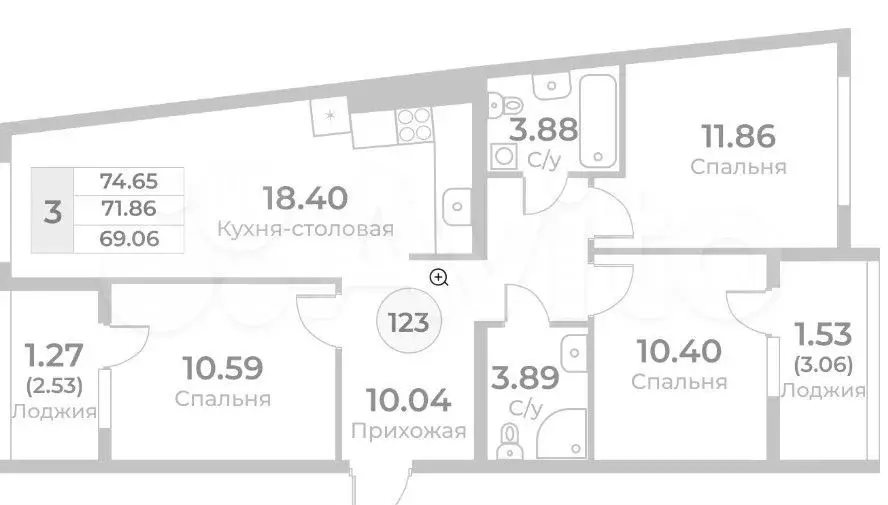 3-к. квартира, 71,9 м, 5/9 эт. - Фото 1