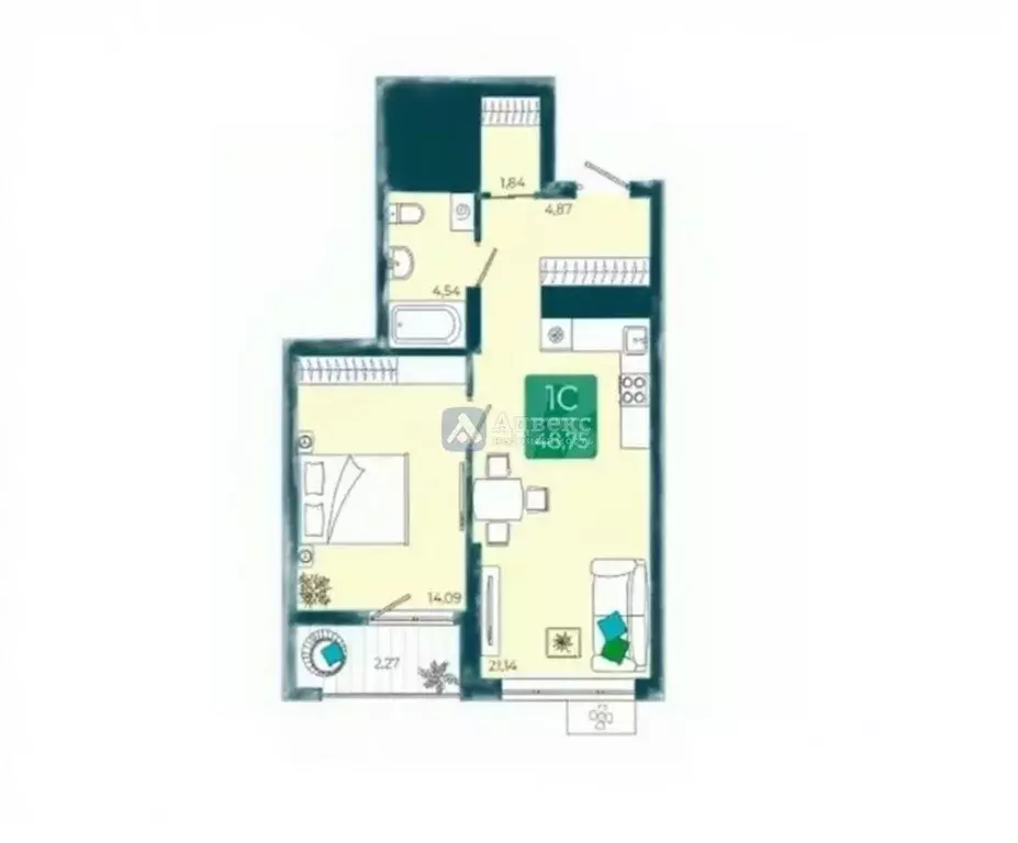 1-к кв. Тюменская область, Тюмень Ямальский-2 мкр,  (46.5 м) - Фото 2