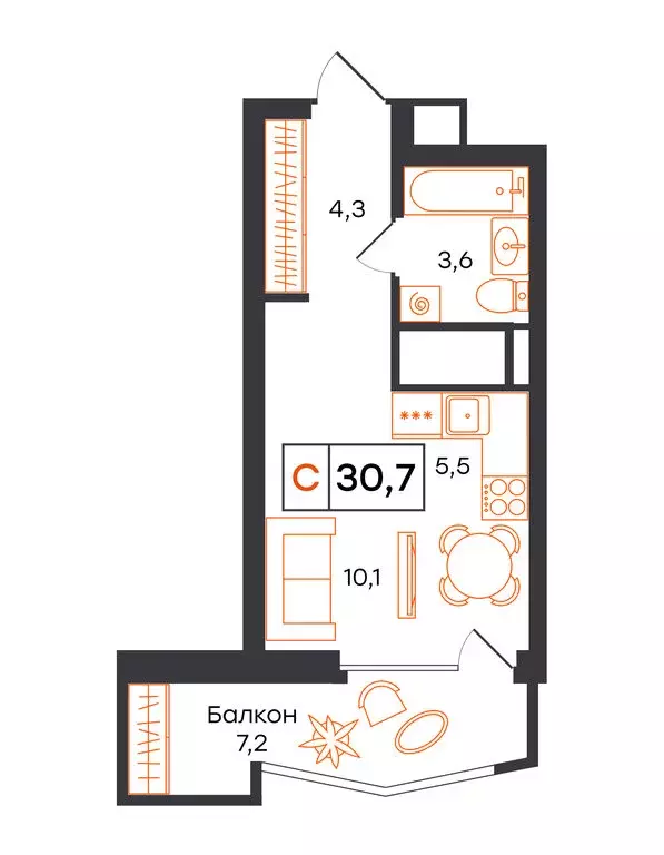 Квартира-студия: Екатеринбург, улица Патриса Лумумбы, 54 (30.7 м) - Фото 1