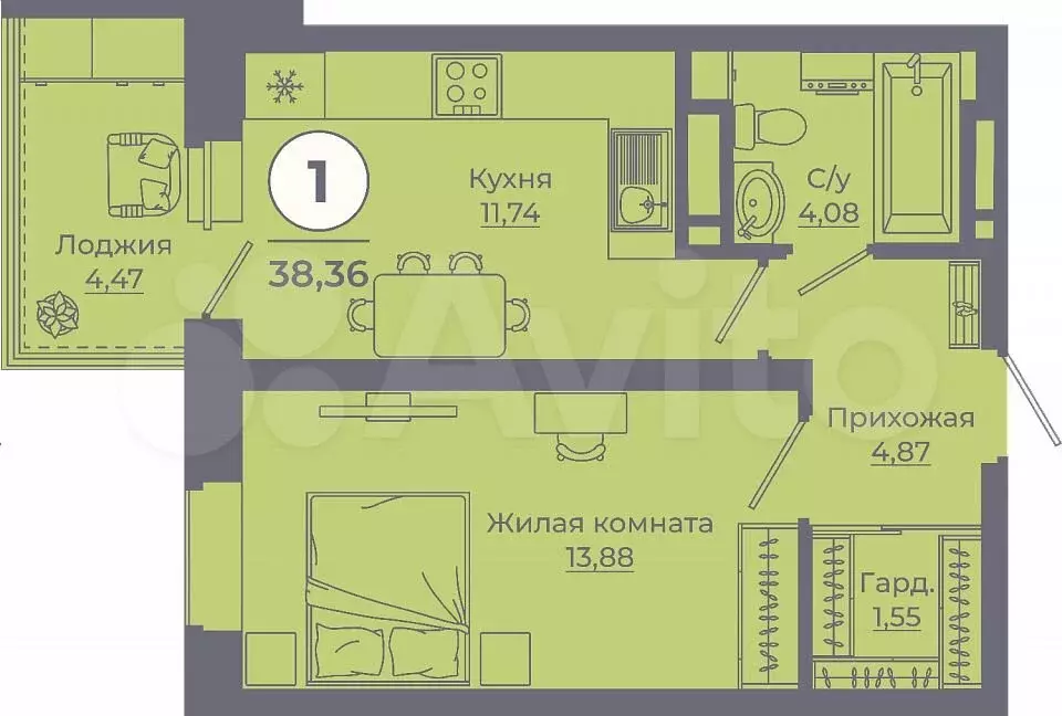1-к. квартира, 38 м, 14/24 эт. - Фото 1