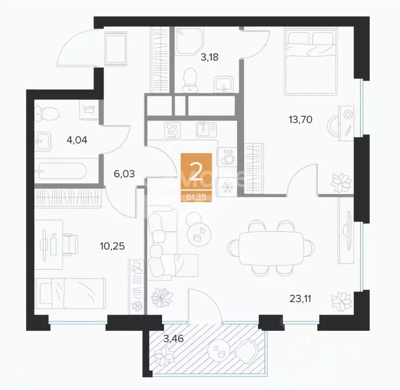 2-к кв. Курская область, Курск просп. Вячеслава Клыкова, 39Б (61.35 м) - Фото 2